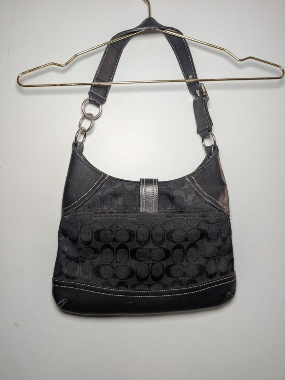 Coach Signature C Jacquard Clip Hobo Shoulder Bag Black Leather Trim 10242 Y2K